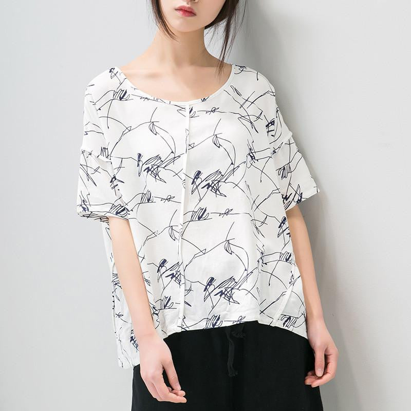 Cotton Linen Women Loose Casual White BLue Shirt