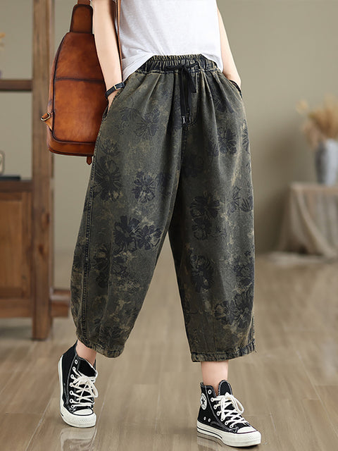 Women Summer Retro Flower  Denim Loose Pants