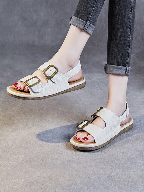 Women Summer Casual Leather Flat Button Sandals