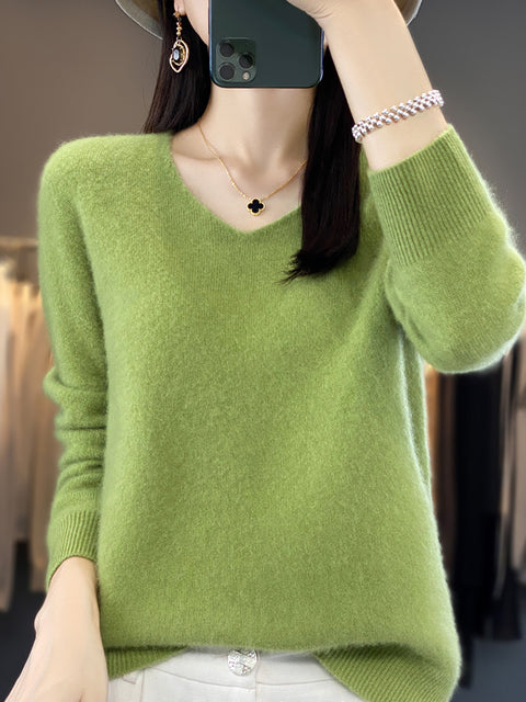 Women Autumn Pure Color V-Neck Knit Sweater