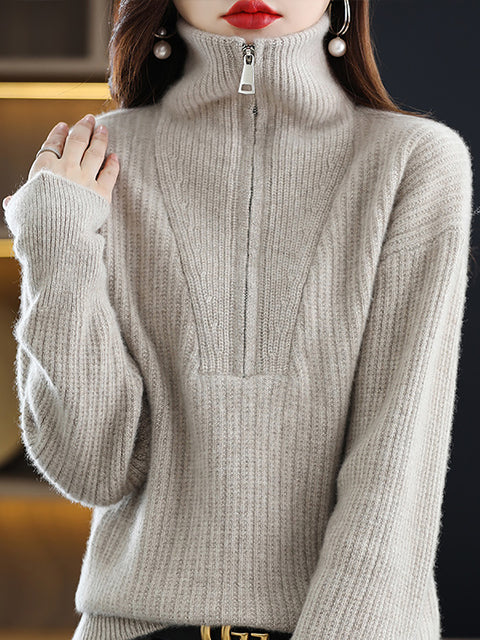 Women Autumn Zipper Knit 100%Wool Turtleneck Sweater