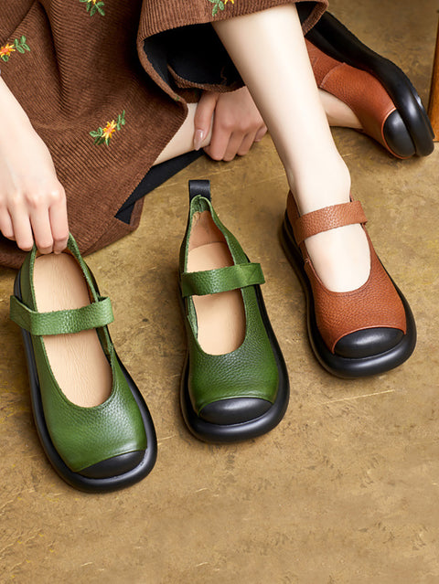 Women Vintage Soft Leather Colorblock Mary Jane Shoes