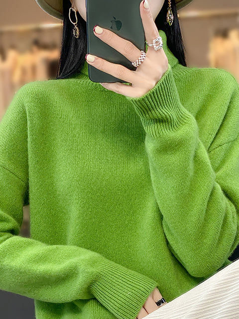 Women Autumn Turtleneck Knit 100%Wool Sweater