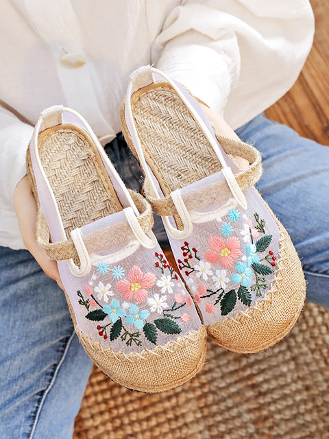 Women Summer Vintage Embroidery Linen Flat Shoes