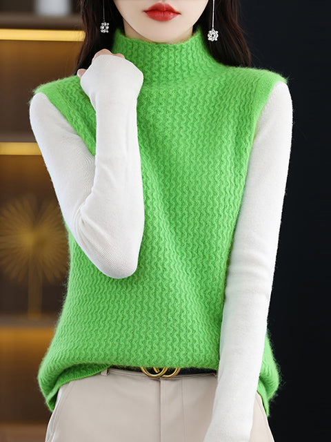 Women Casual Wool Half Turtleneck Soft Spiral Knit Vest