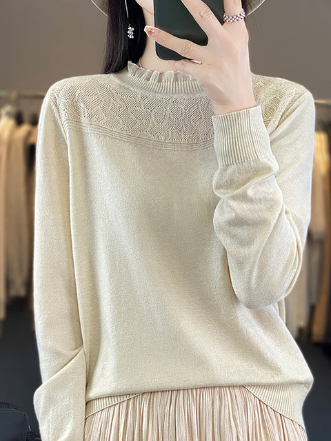 Women Autumn Lacework Neck 100%Wool Loose Sweater