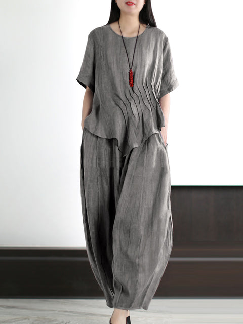 Plus Size Women Vintage Solid Linen Cotton Shirt+Pants