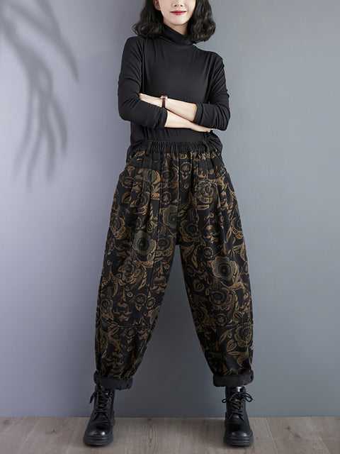 Women Retro Flower Winter Fleece-lined Harem Pants