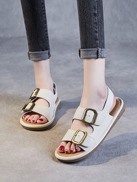 Women Summer Casual Leather Flat Button Sandals