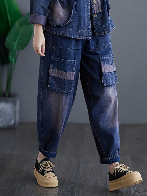 Women Casual Spring Spliced Washed Denim Pants