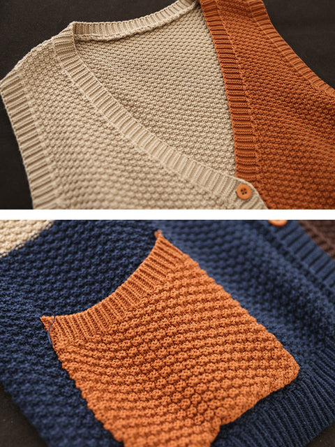 Women Autumn Colorblock Knitted V-Neck Vest