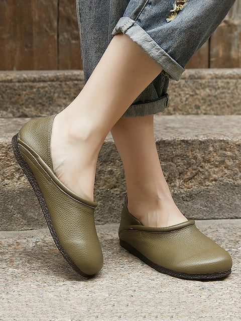 Women Summer Casual Solid Leather Spliced Flat Shoes