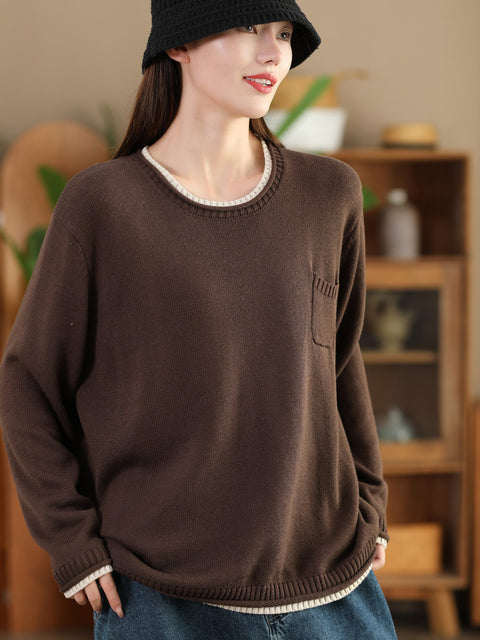 Women Autumn Casual Colorblock O-Neck Cotton Knit Blouse