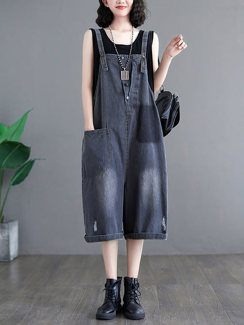 Women Summer Washed Pocket Frayed Button Denim Jumpsuits