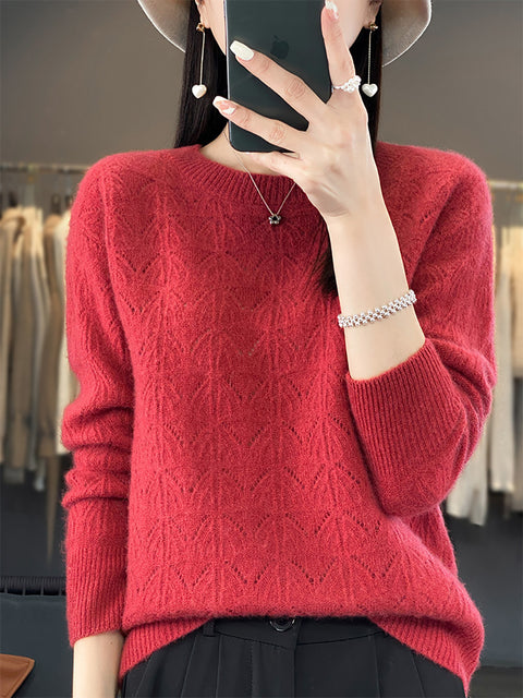 Women Autumn O-Neck Wool Hollow Out Knit Sweater