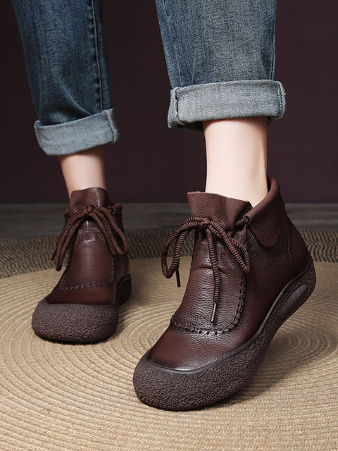 Women Retro Genuine Leather Spliced Strap Flat Boots