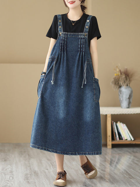 Women Summer Retro Pleat Drawstring Pocket Denim Dress