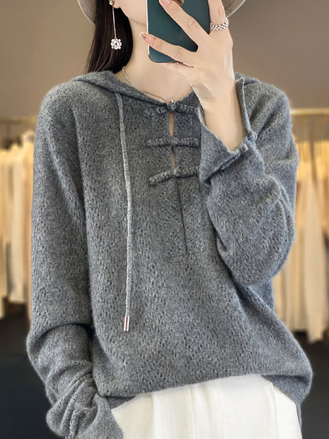 Women Autumn Soft Hollow Out Knit 100%Wool Hooded Sweater