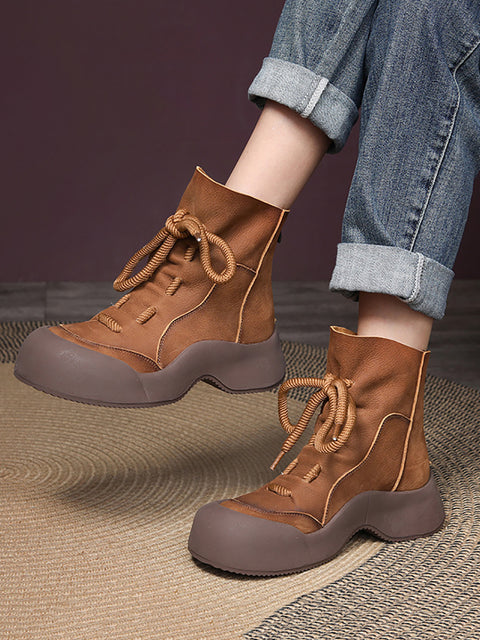 Women Winter Vintage Soft Leather Spliced Platform Boots