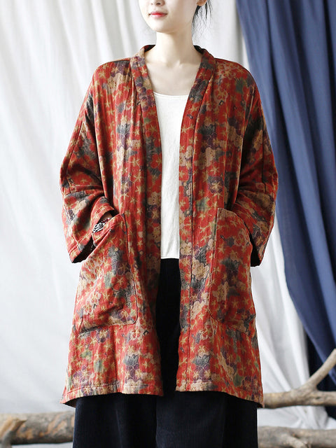 Women Ethnic Floral V-neck Pocket Cardigan Coat