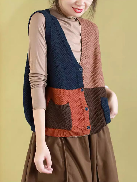 Women Autumn Colorblock Knitted V-Neck Vest