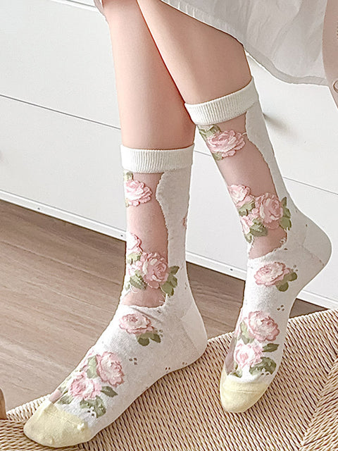 3 Pairs Women Elegant Flower Lace Spliced Thin Socks