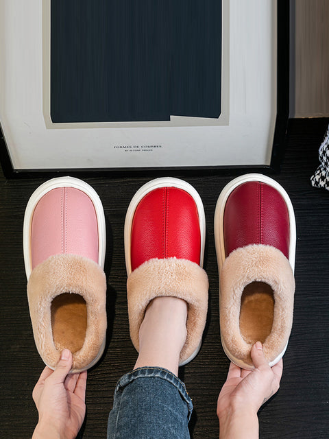 Couple Winter Fleece-lined Leather Slippers