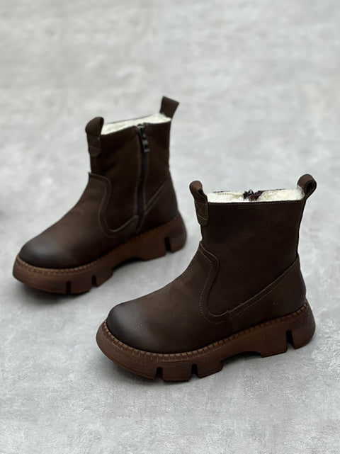 Women Winter Solid Leather Fleece-lined Ankle Boots