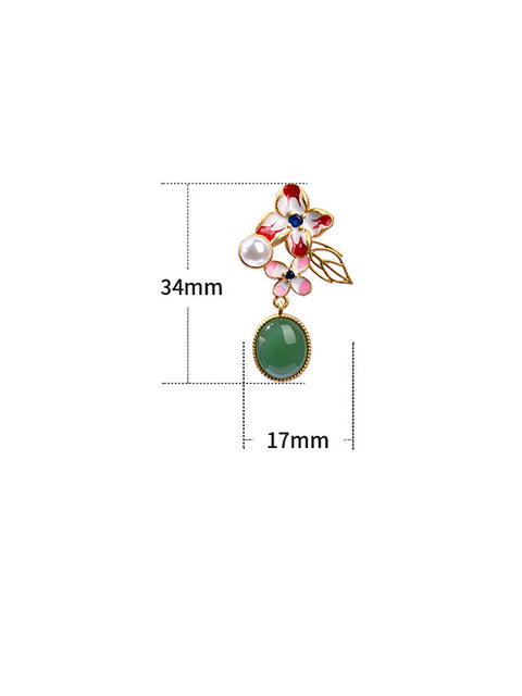 Women Flower Enamel Green Jade Glod Plate Earrings