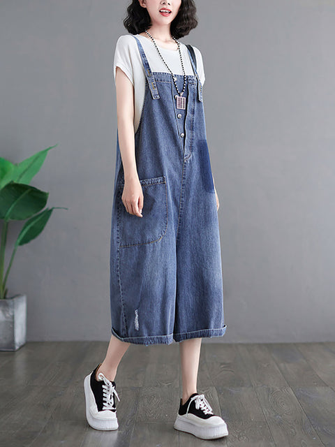 Women Summer Washed Pocket Frayed Button Denim Jumpsuits