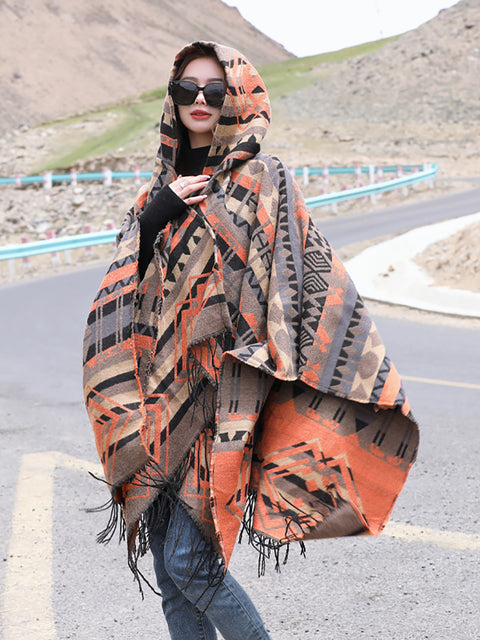 Women Bohemia Warm Rhomboids Tassel Hooded Shawl