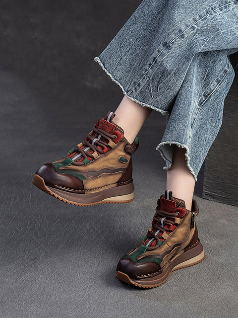 Women Winter Retro Colorblock Leather Platform Heel Shoes