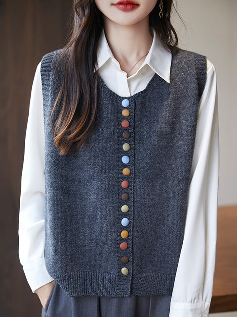 Women Casual Autumn O-Neck Colorful Button Knit Vest