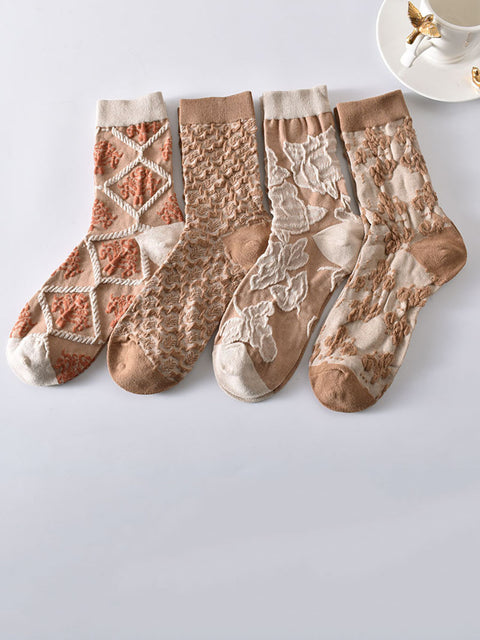 5 Pairs Artsy Flower Rhomboids Jacquard Cotton Socks