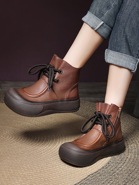 Women Casual Winter Solid Leather Strap Platform Boots