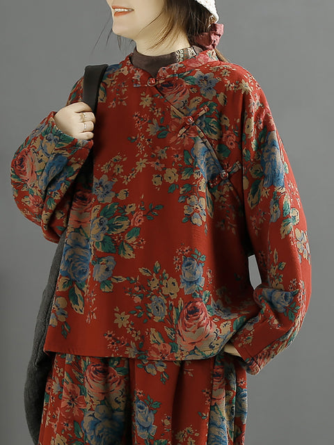 Plus Size Women Ethnic Flower Loose Slanted Shirt