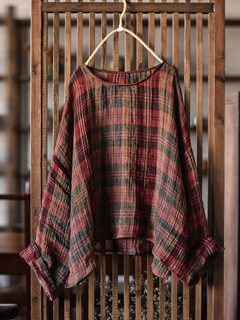 Women Spring Linen Retro Plaid Loose Shirt