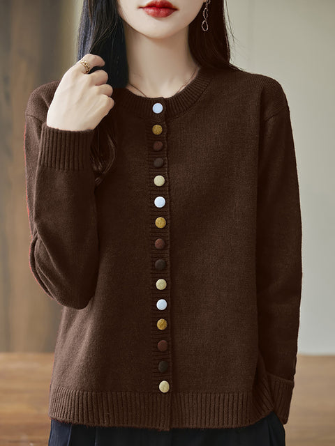 Women Autumn 100%Wool Colorful Button O-Neck Sweater