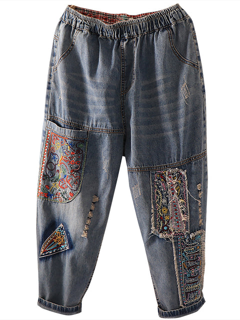 Women Summer Retro Embroidery Spliced Burrs Denim Pants