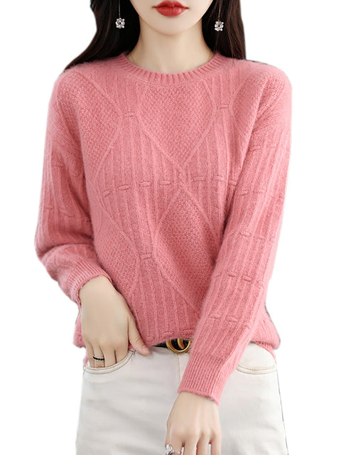 Women Autumn O-Neck Rhomboid 100%Wool Soft Sweater