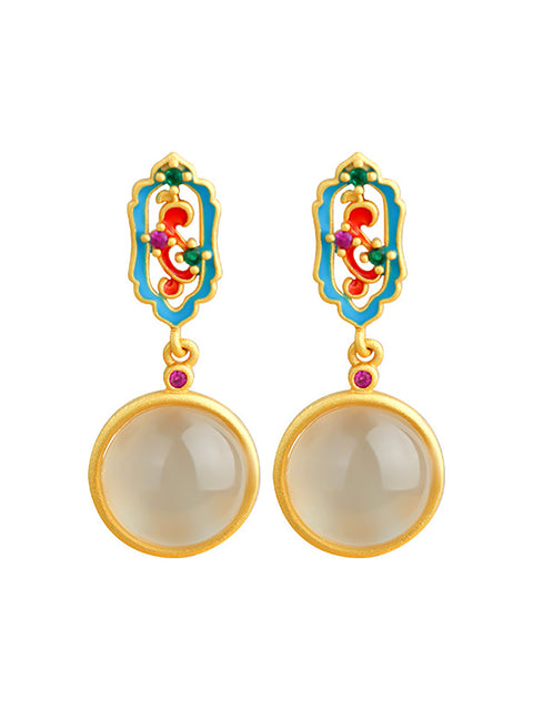 Women Vintage Enamel Round Jade Sliver Earrings