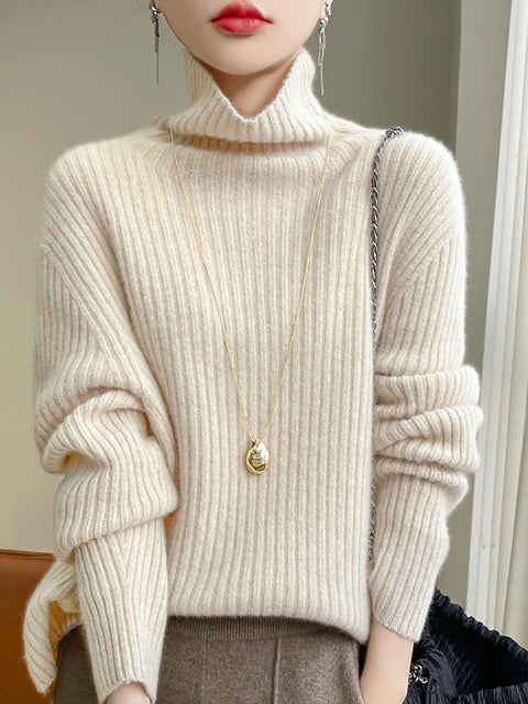 Women Autumn Casual Solid Turtleneck Wool Knit Sweater