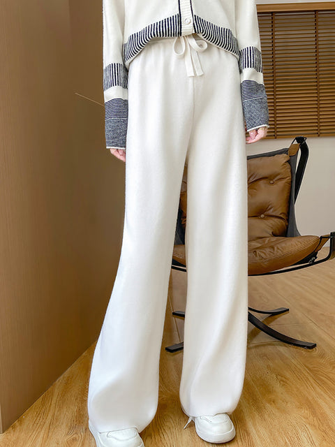 Women Autumn Casual Solid 100%Wool Knit Wide-leg Pants