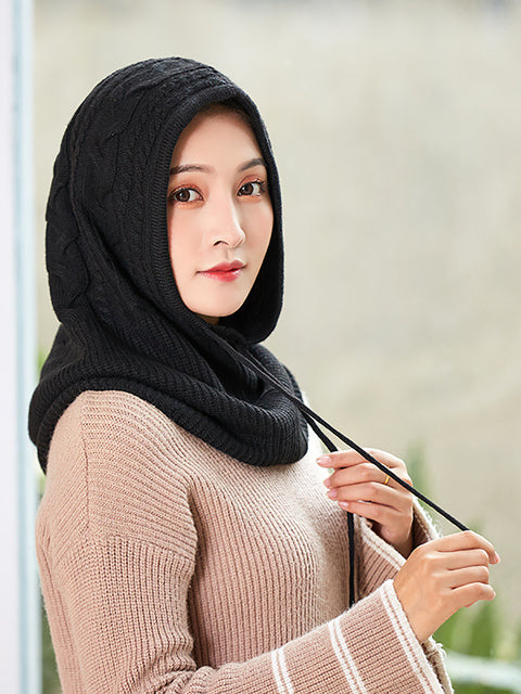 Women Winter Solid Knit Warm Wool Scarf Hat