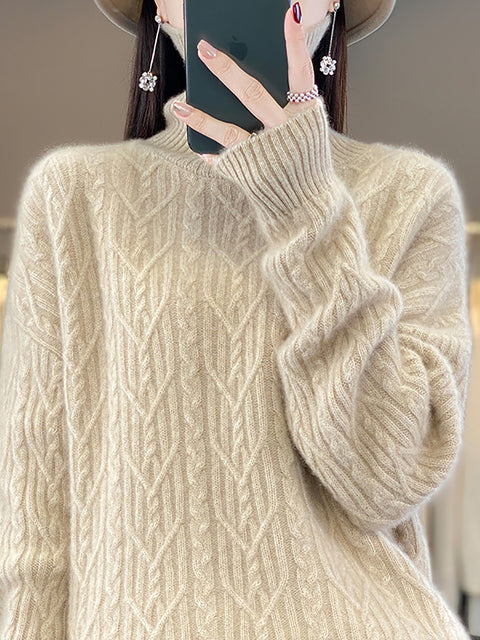 Women Autumn Twist Knit 100%Wool Turtleneck Sweater