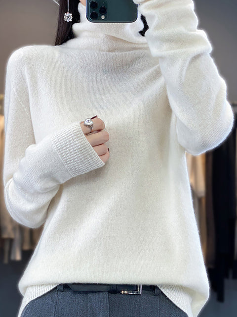 Women Autumn Turtleneck 100%Wool Soft Solid Sweater