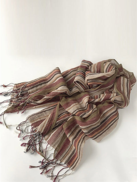 Women Vintage Colorblock Stripe Tassel Cotton Linen Scarf