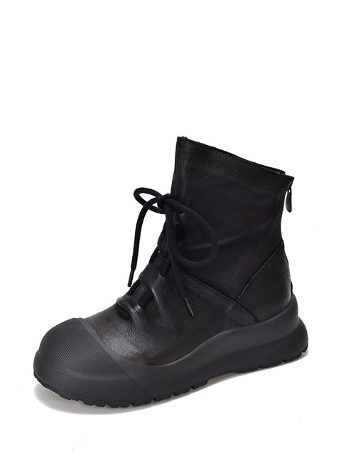 Women Genuine Leather Mid-Heel Martin Boots