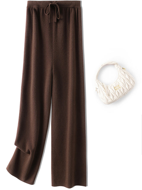 Women Autumn Casual Solid 100%Wool Knit Wide-leg Pants