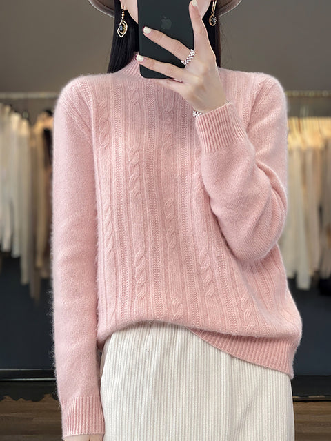 Women Autumn Solid Cable Knit 100%Wool Half Turtleneck Sweater